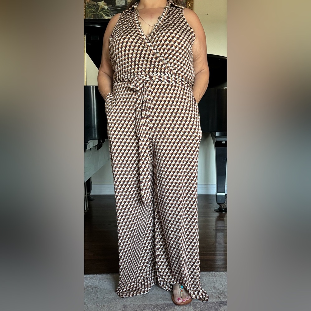 Emma & Michele Elegant Brown Geometric Pattern Stretchy Jumpsuit women’s XL